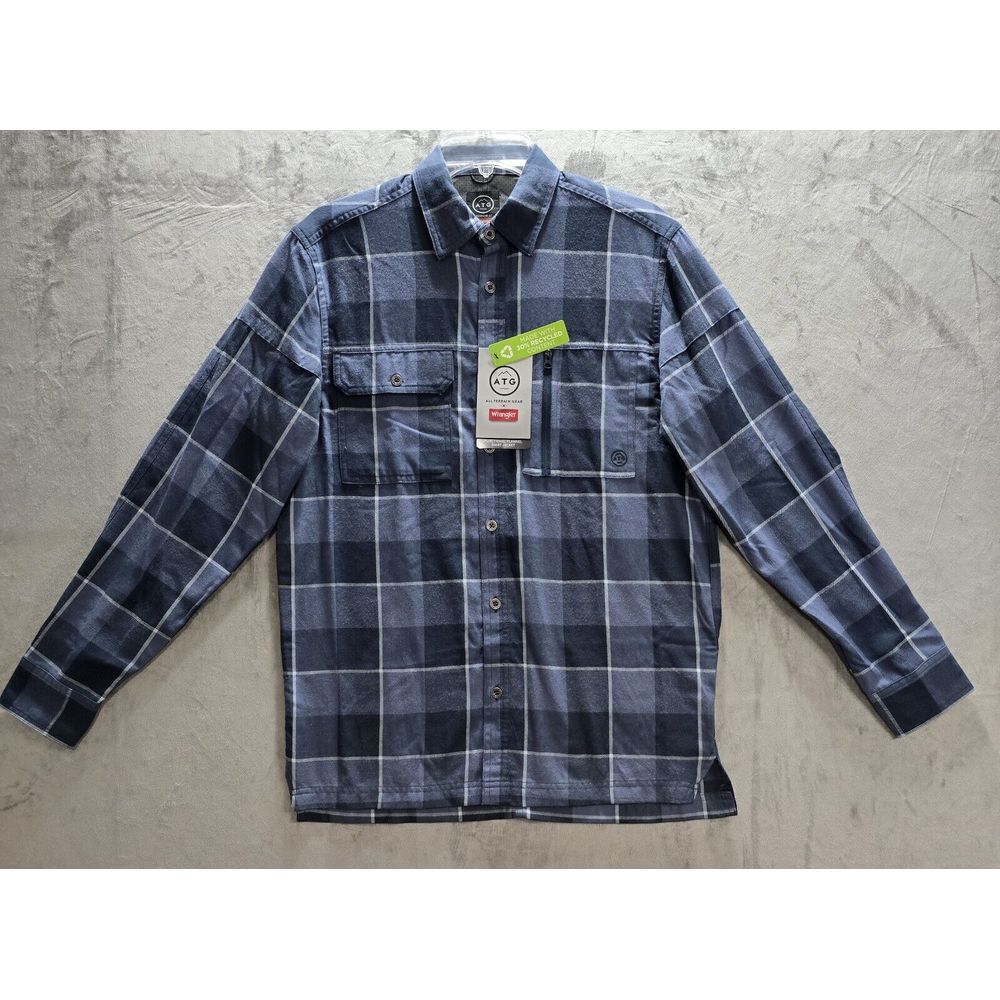 Wrangler Mens Small Blue All Terrain Gear Flannel Plaid‎ Shirt Shacket Western